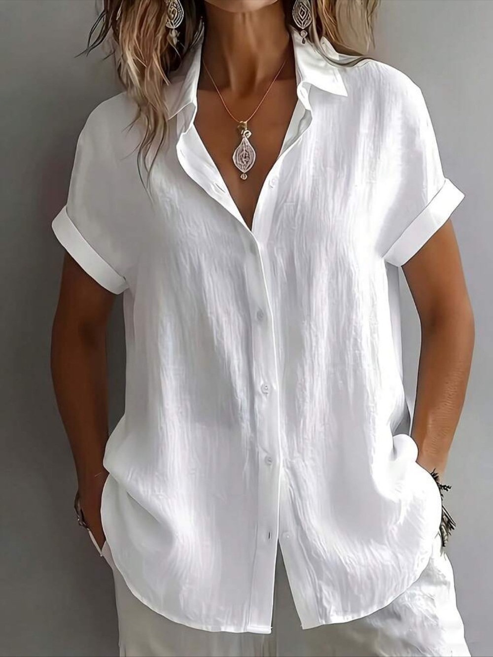 White Button Front Short Sleeve Top Blouse Shirt